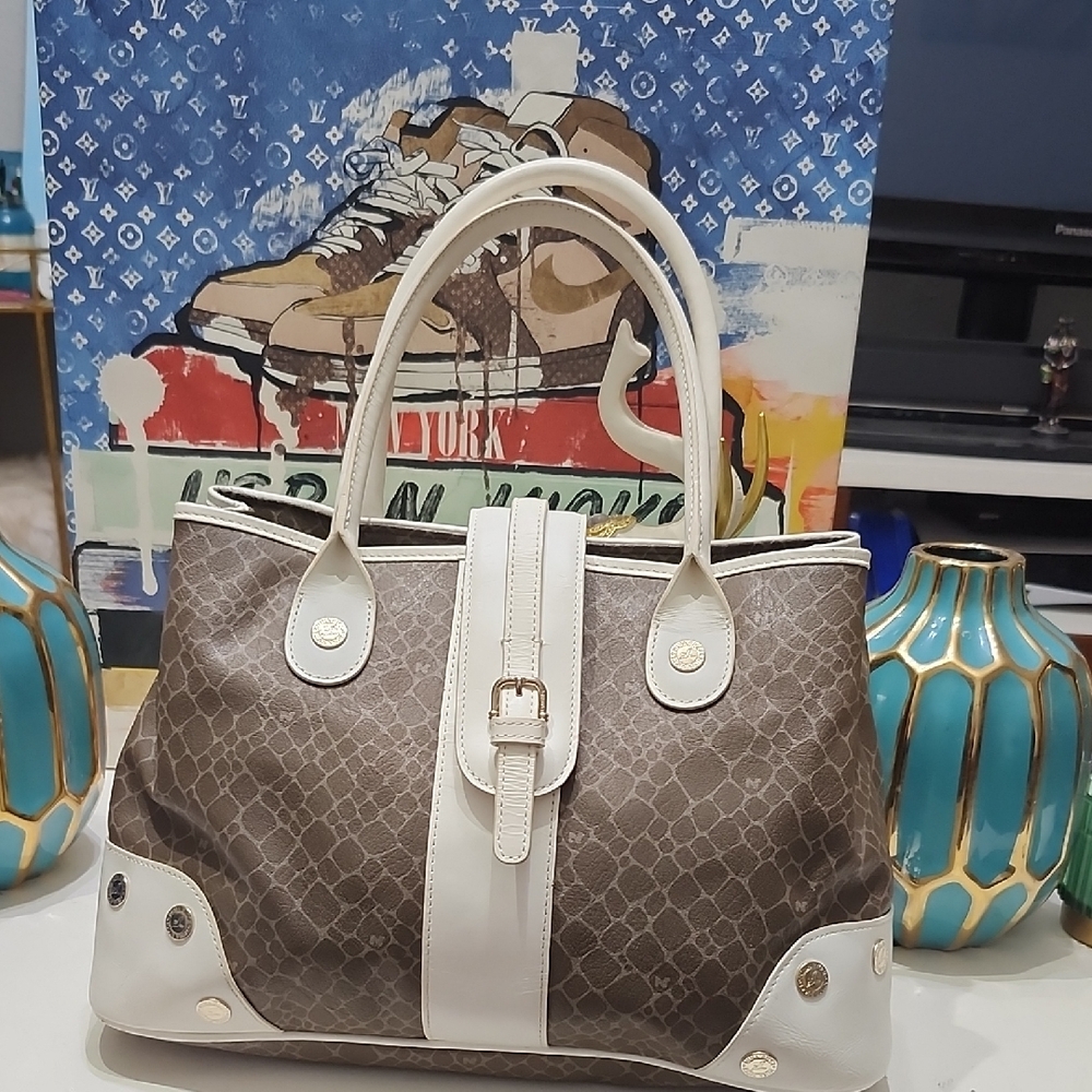 Nina Ricci Signature Print Handbag White Leather Trim Double Handles